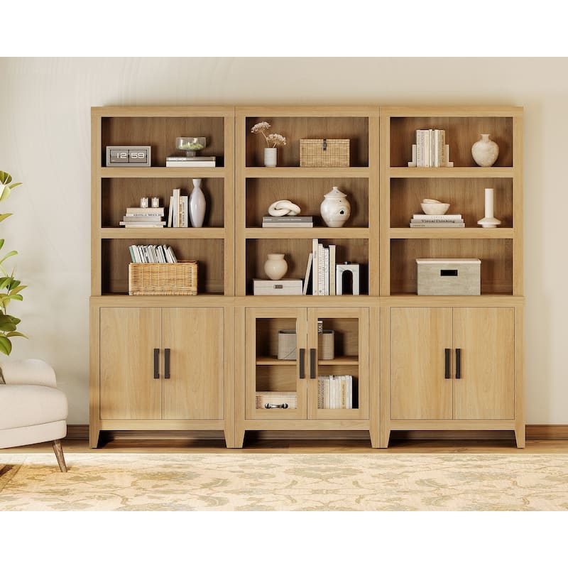 WAMPAT Tall Bookshelf with Doors, Farmhouse Bookcase with Open Shelves for Living Room & Home Office