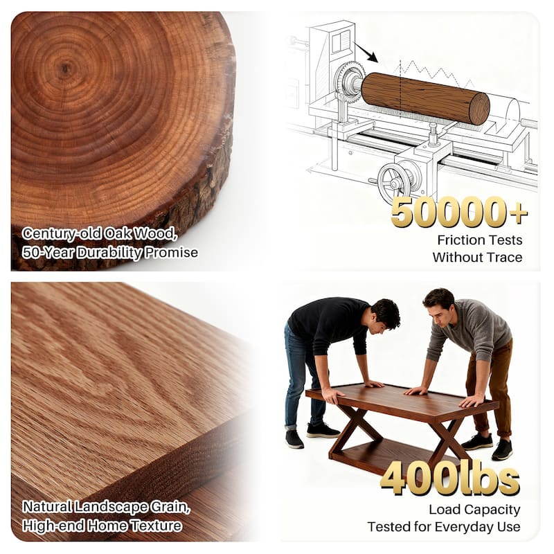 2-Tier Rectangular Solid Oak Wood Coffee Table with Cross Legs - 40.23"L x 21.17"W x 16.54"H