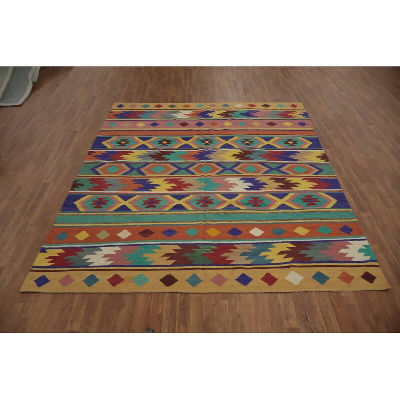 Hand Woven Oriental 100% Wool Carpet Southwestern Tribal Multi-Colored Kilim Area Rug - 9' 10'' X 8' 2''