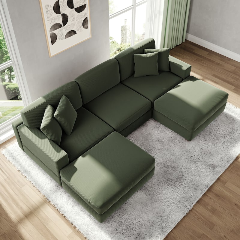 Modular Corduroy Sectional Sofa Set Chaise Couch with Ottoman