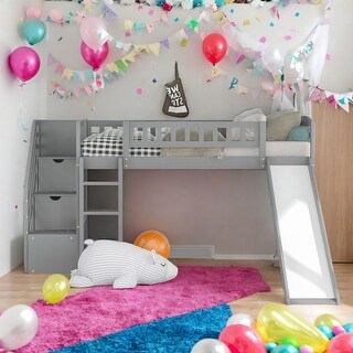 Modern Twin Size Loft Bed With Two Storage Drawers With Convertible Ladder and Slide For Bedroom,Dorm,Kids