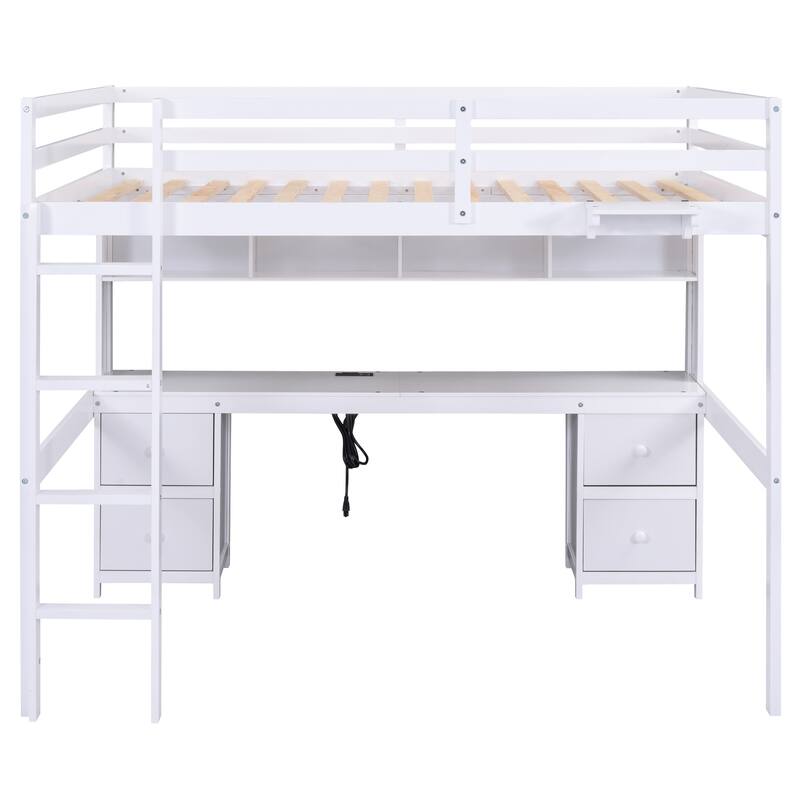 Full Size Loft Bed with Desk, Storage Cabinets, Drawers, Charging Station, White