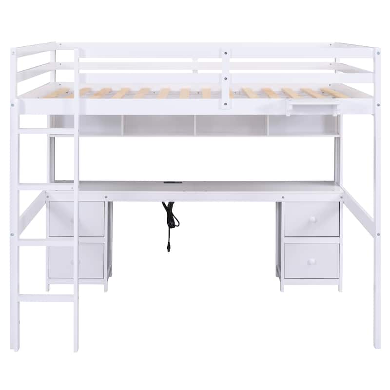 Full Size Wood Loft Bed w/Desk, Cabinets, Drawers, Charging Station