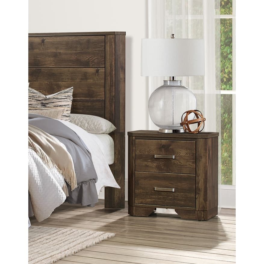 Rustic Brown Nightstand with Metal Glides, Satin Nickel Pulls