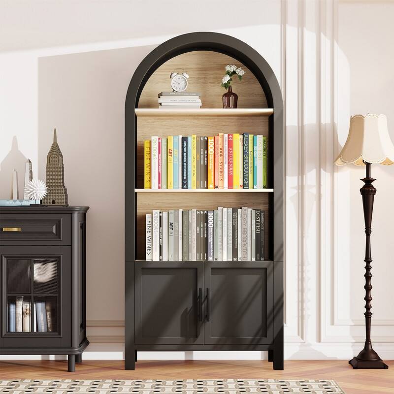Mid-Century Modern 66.7" Arched Bookcase, 3-Tier Arched Bookshelf Cabinet - Black