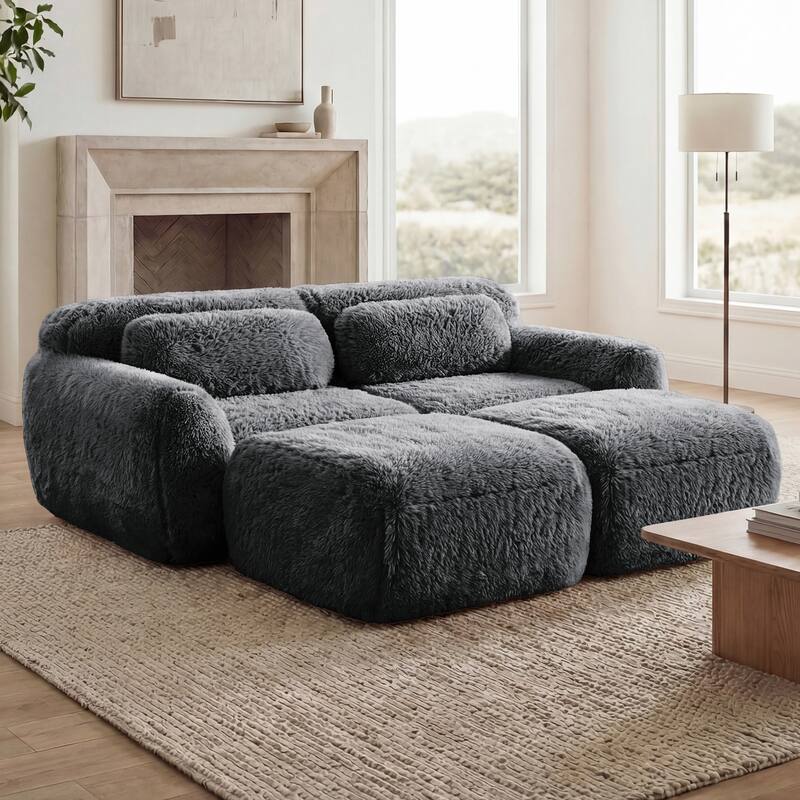 Homy Casa Modular Sectional Sofa, Dark Grey Plush Fabric with Non-Slip Base, No Assembly Living Room Couch with Pillows