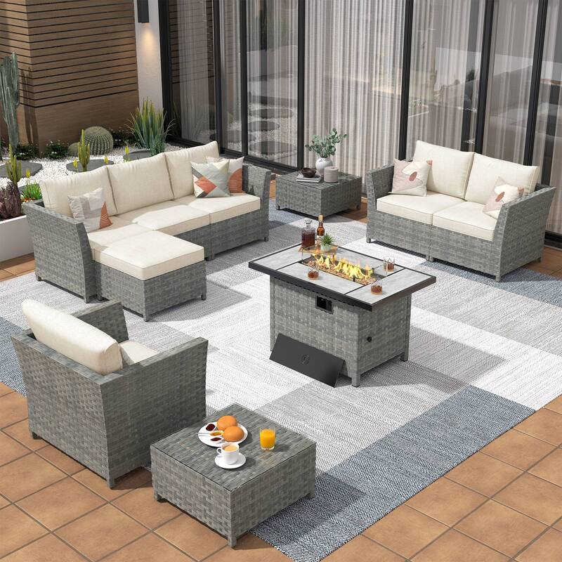XIZZI 10-piece Patio Rattan Wicker Furniture with Rectangular Fire Pit - Beige
