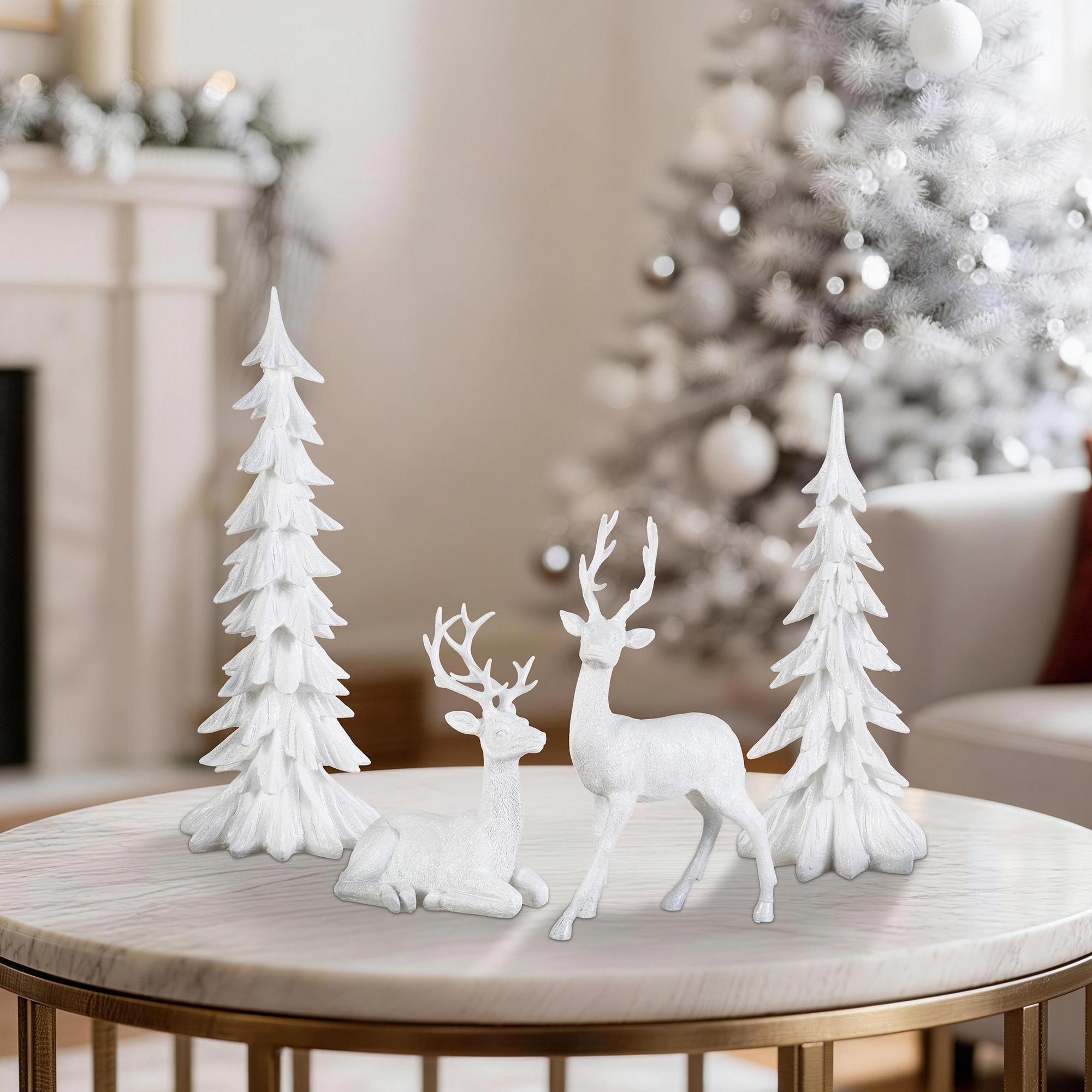 Glitzhome Set of 4 Christmas Resin Reindeer with Tree Table Decor Set
