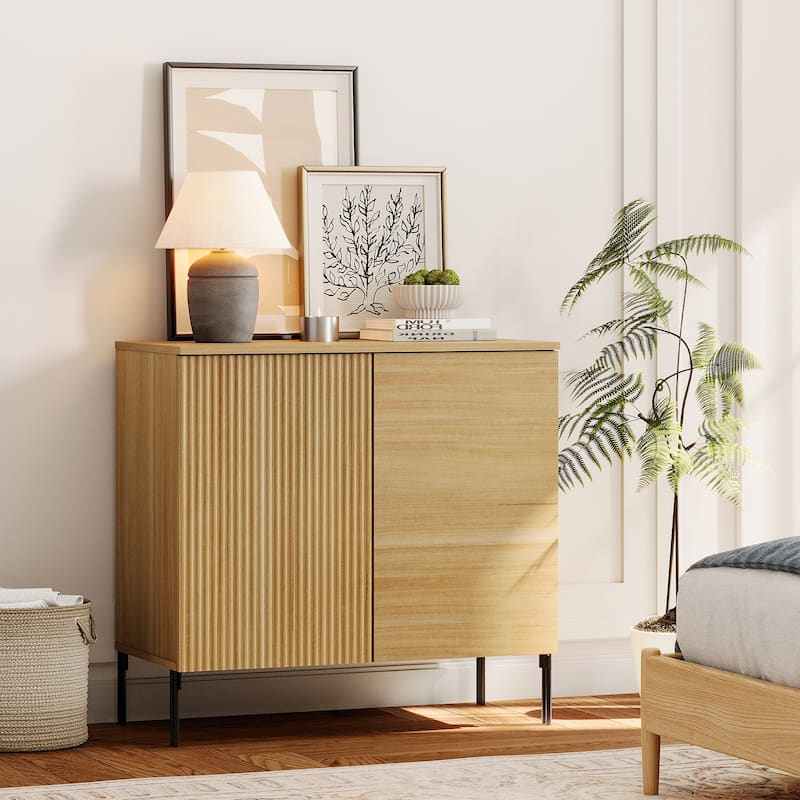 Modern Minimalist Wood Nightstand With Doors ,31.5" End Table,Reeded Design Bedside Table