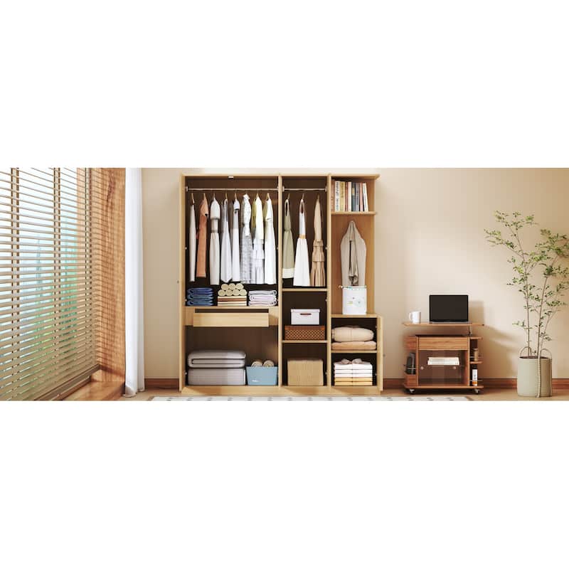 4-Door Wardrobe with Shelves, Drawers, and Full-Length Mirror