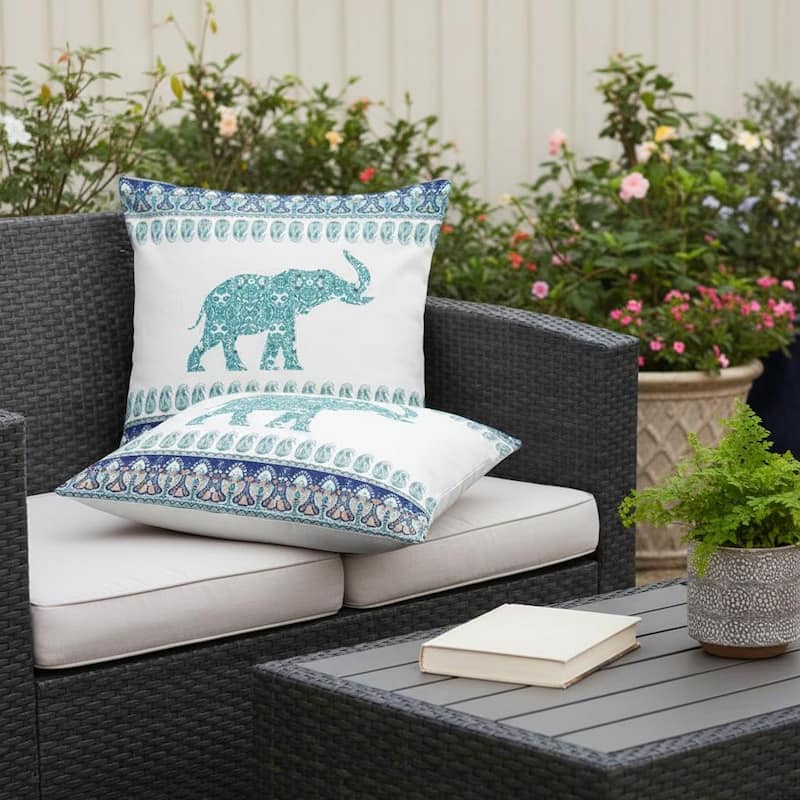 HomeRoots Set of Two 16" X 16" Blue and White Elephant Blown Seam Paisley Indoor Outdoor Throw Pillow - 16.00' X '16.00' X '5.00 - Blue/White - 16.00' X '16.00' X '5.00