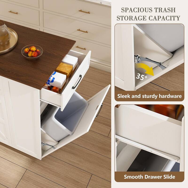Kitchen Island with Storage, Rolling Kitchen Island Cart on Wheels with Power Outlet, Trash Can Storage & Adjustable Shelf