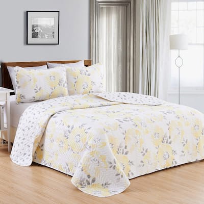 Luxurious Watercolor Flowers Microfiber Quilt Set With Shams