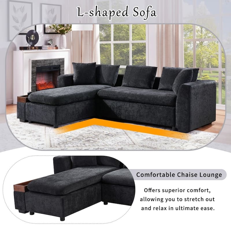 93.7" Modern L-shaped Upholstered Sectional Sofa with Wooden Storage Compartment