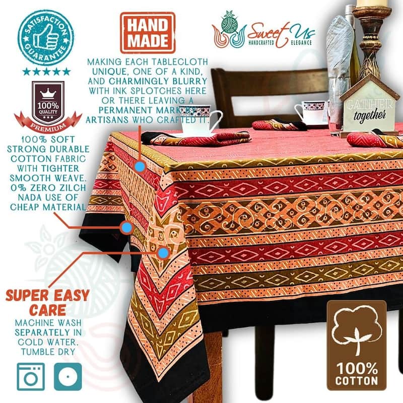 Cotton Block Print Luxurious Geometric Tablecloth Collection - 60 x 90 in