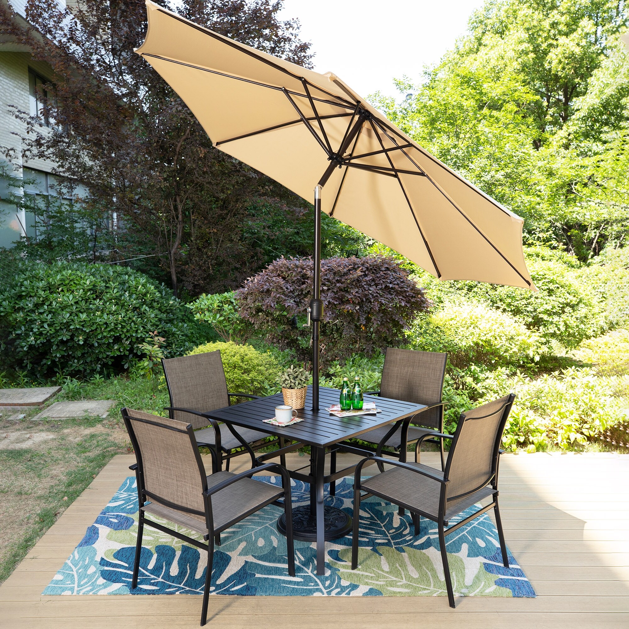 MAISON ARTS 6-Piece Patio Dining Set, 37 Inch Square Metal Table and 4  Textilene Dining Chairs with 9ft Patio Umbrella - Overstock - 41298677