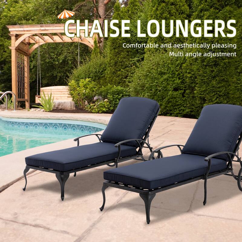 Aluminum Reclining Outdoor Chaise Lounge with Wheels and Cushions (Set Of 2) - Navy Blue