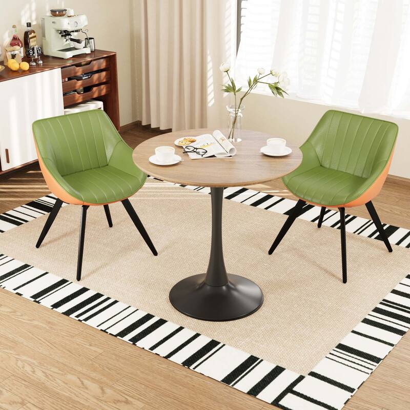 31.5 " MDF round dining table, tulip dining table, and 2 artificial leather decorative chairs with black metal legs - Green,Walnut