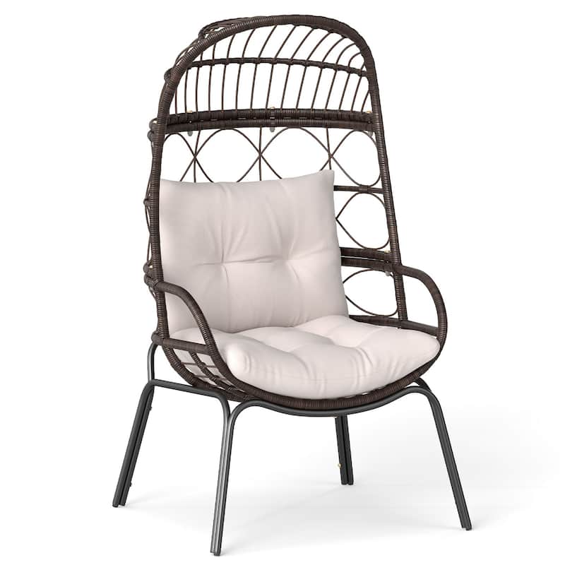 Brown Outdoor Rattan Wicker Lounge Egg Chair with Polyester Cushions for Patio Balcony or Poolside - 29" x 29" x 53"