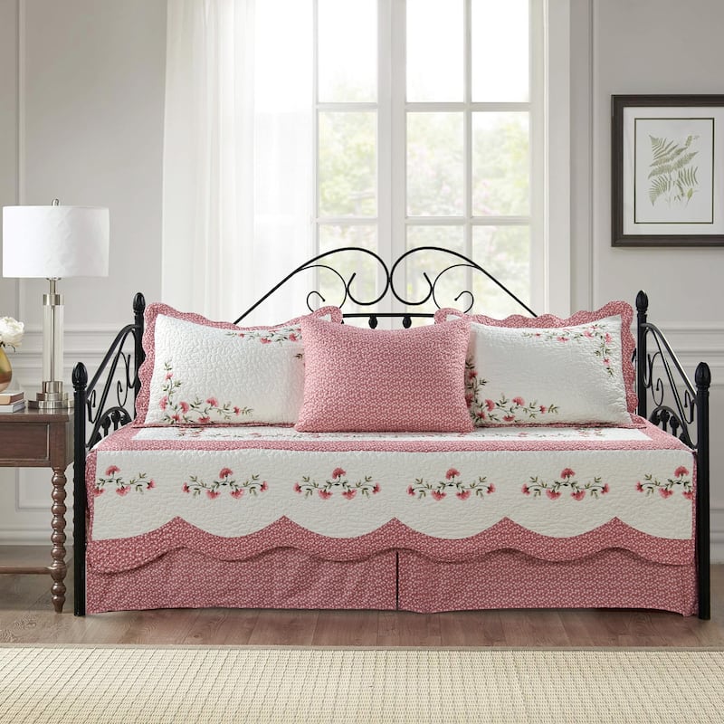 5 Piece Embroidered Daybed Cover Set with Bedskirt - Vivi - Twin