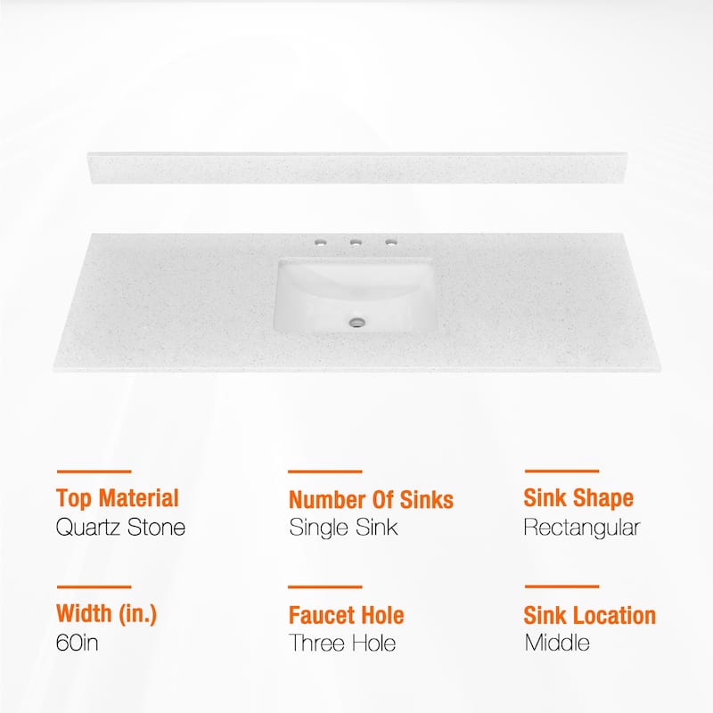 Bathroom Vanity Quartz Counter Top with Undermount Rectangular Ceramic Sink Backsplash