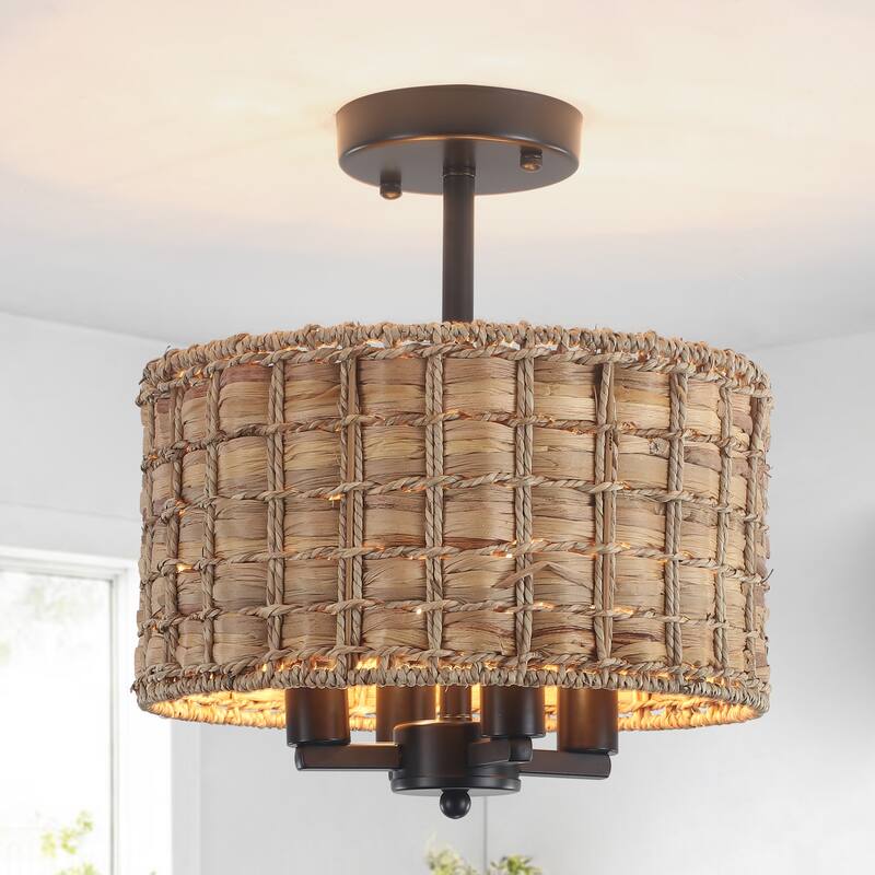 4-Light Classic Candlestick Hanging Semi Flush Mount Ceiling Lighting Chandelier with Rattan Shade for Dining Room - Black