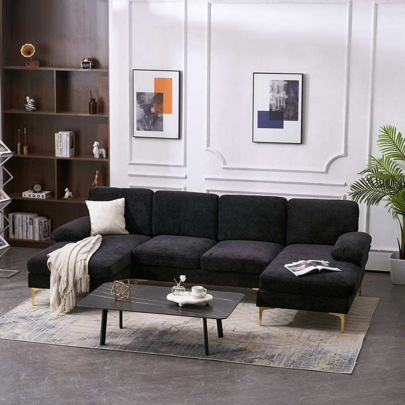 U-Shaped 4-Seat Indoor Sectional Sofa - Black Chenille