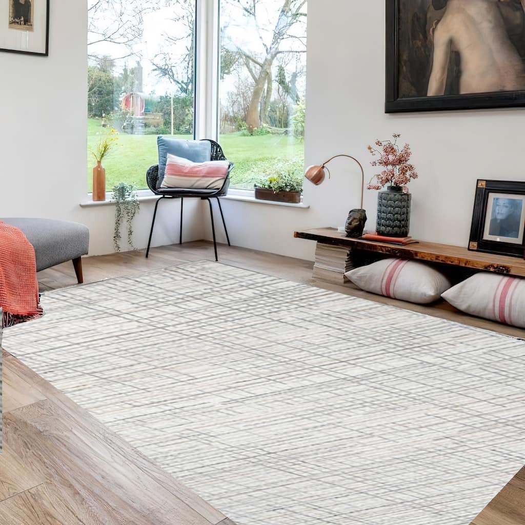 Stena 8 x 10 Inch Large Area Rug, Hand Tufted Abstract Pattern, Ivory Gray - 8 x 10