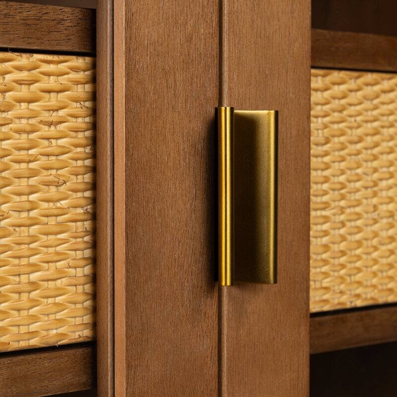 Nuvon Walnut-Finished Acacia Wood Cabinet with Double Glass Doors