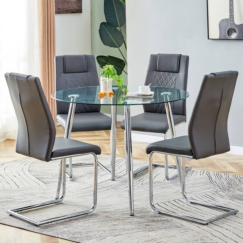 Modern 5-Piece Dining Set with Round Glass Top & 4 PU Upholstered Chairs
