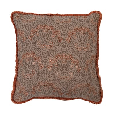 Cotton Pillow with Metallic Printed Floral Pattern and Eyelash Fringe