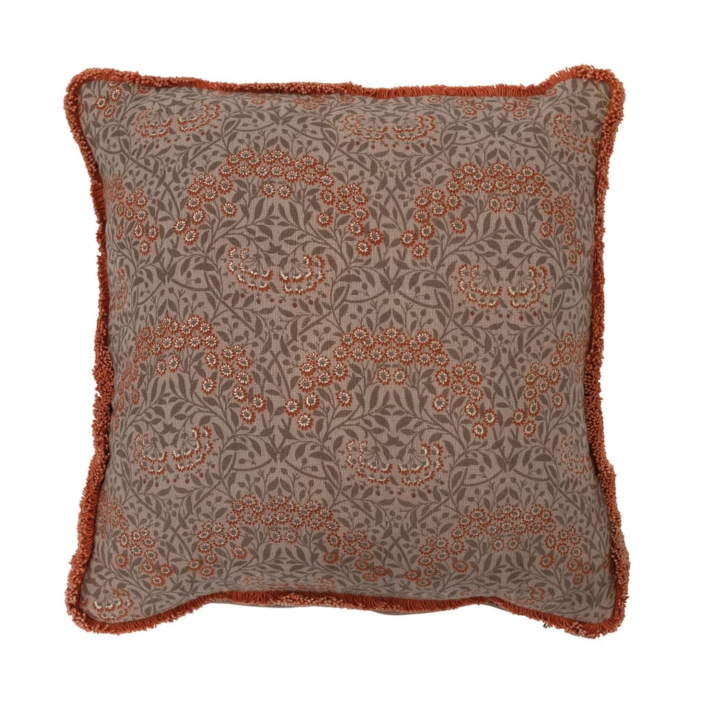 Cotton Pillow with Metallic Printed Floral Pattern and Eyelash Fringe