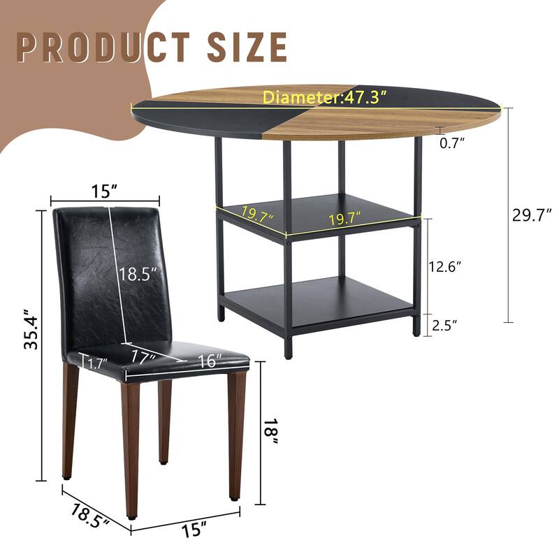 Roomfitters 5/7pcs Spliced Color Round Dining Table Set with Storage Shelf and PU Dining Chairs, Sleek and Comfortable, Black