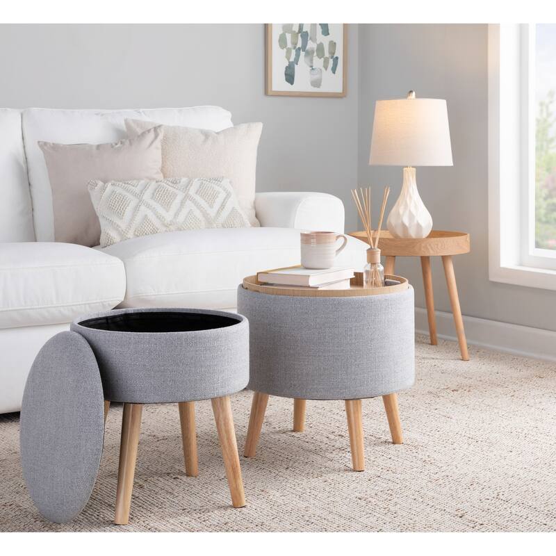 Tray Contemporary Storage Ottoman with Matching Stool in Fabric and Wood Legs by LumiSource