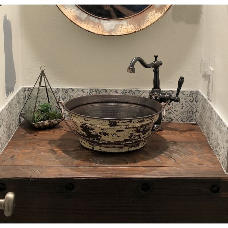 15" Round Copper Bucket Vessel Bath Sink with White Destressed Exterior, Faucet & Drain Included - 15" x 15" x 6"