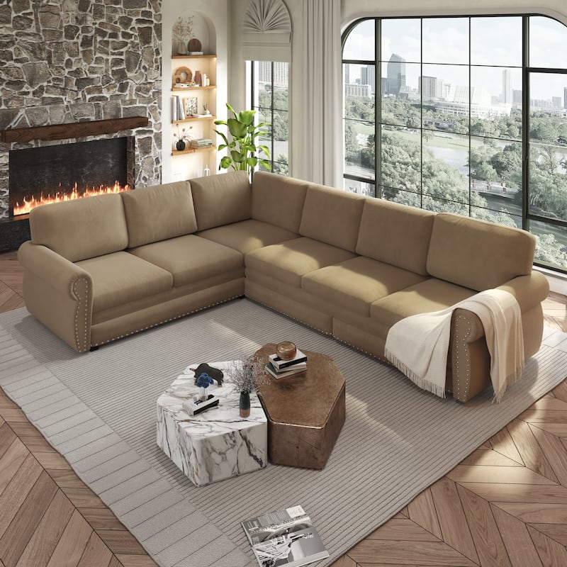 L-Shaped Sectional Sofa with Pull-Out Bed, Oversize Convertible Sleeper Sofa with Rolled Arms, Chenille Upholstery