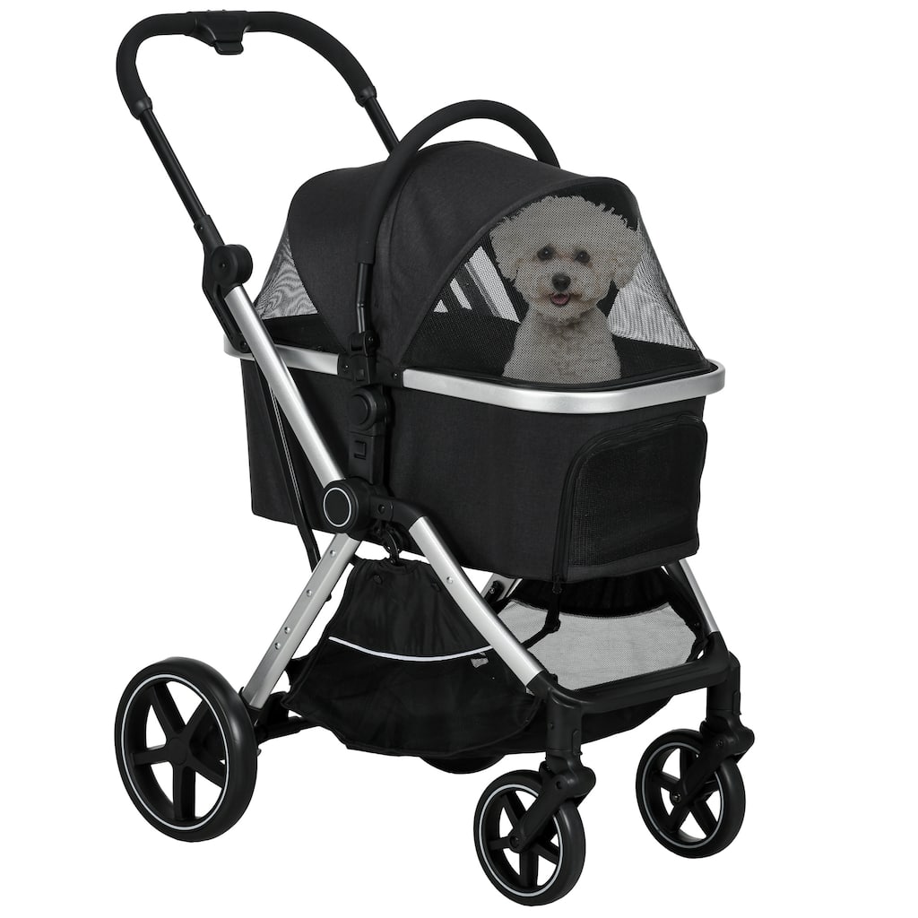 PawHut 2 in 1 Pet Stroller for Small Dogs and Cats, Folding Dog Stroller with Storage Basket, Removable Carriage