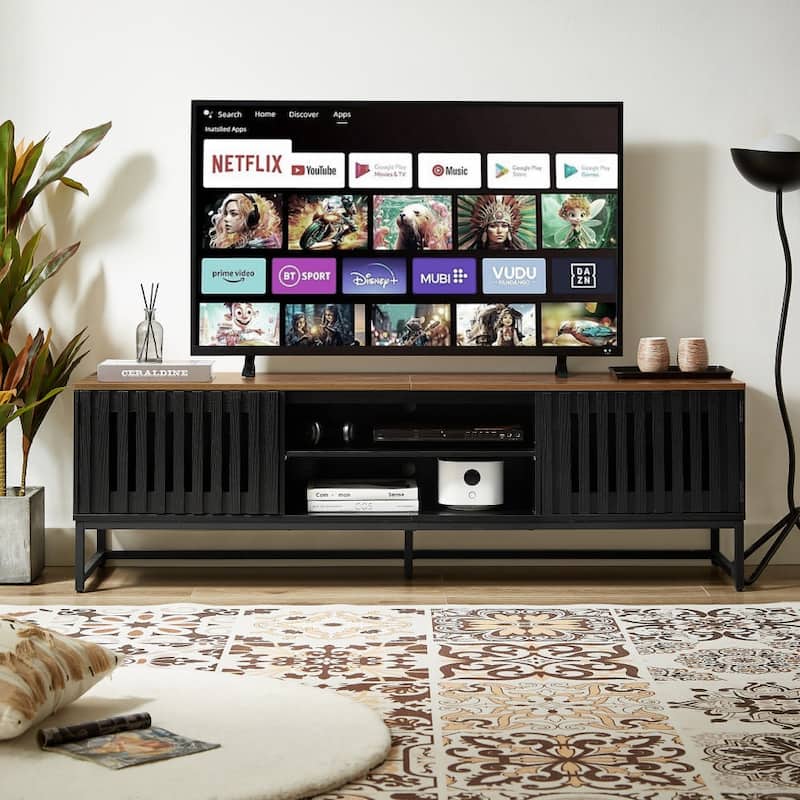 ​Modern Grille TV Stand with 2 Storage Cabinets and Rectangular Legs for Living Room Dining Media Spaces​ - Black+Brown