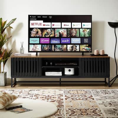 Black+Brown 63" TV Stand with Slatted Grille Striped Doors and Storage Shelves for TVs Up to 60"
