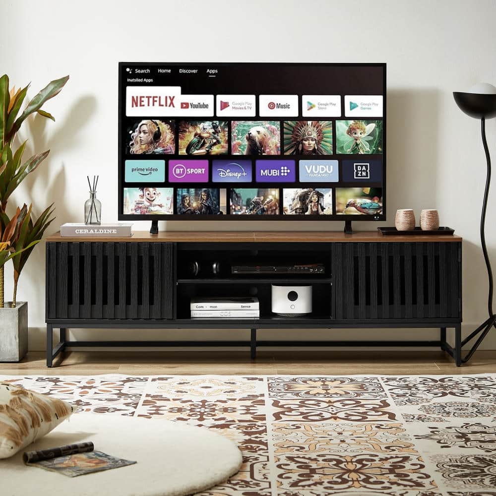 Black+Brown 63" TV Stand with Slatted Grille Striped Doors and Storage Shelves for TVs Up to 60"
