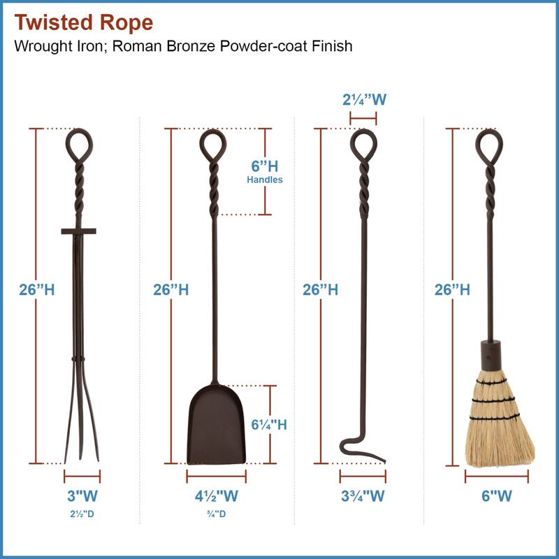 Achla Designs Twisted Rope Fireplace Set of 4 Tools, 30 Inch Tall, Graphite Finish