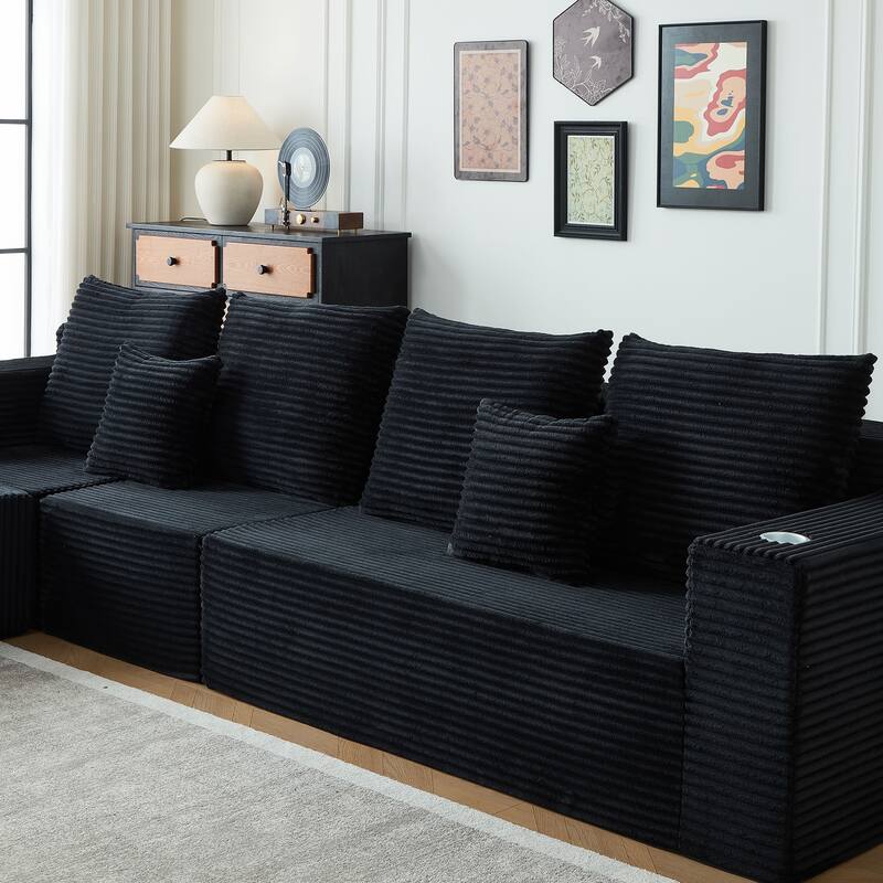 Modular Sectional Cloud Couch, Oversized Corduroy Fabric Deep Seat Sofa, Upholstered Sofa with Armrests & Cup Holders