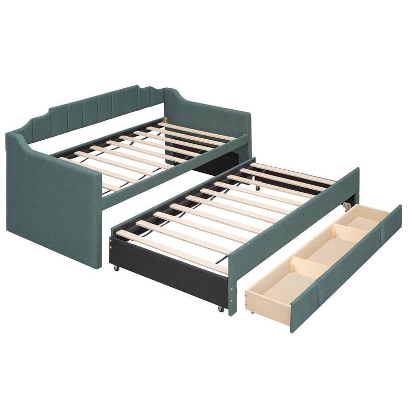 Twin Upholstered Daybed with Trundle and 3 Drawers, Solid Wood Sofa Bed Frame, No Need for Box Spring