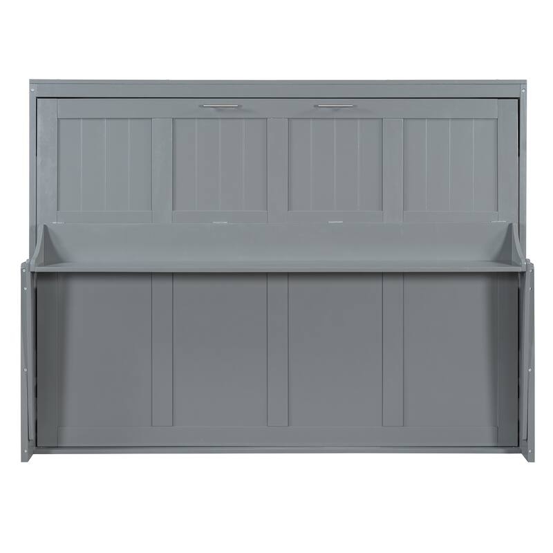 Queen Size Foldable Murphy Bed Wall Bed Convertible Desk with Storage, Bedroom Pine Wood Bed Frame, Modern Pull Down Bed