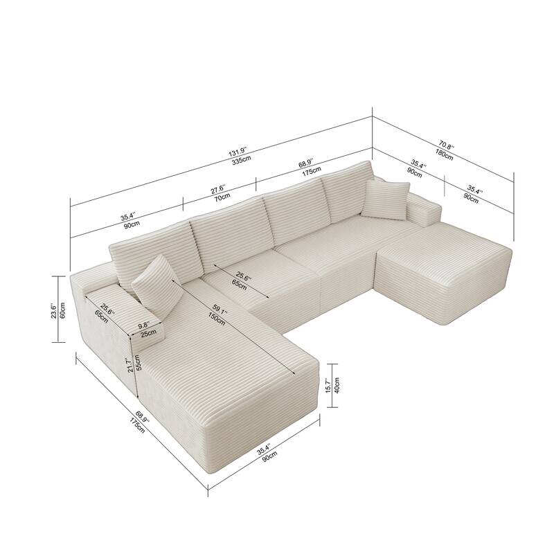 Roomfitters 131.9" Modular Sectional Sofa, 4-Piece Compressed Cloud Couch, No Assembly Required, Plush Corduroy, White