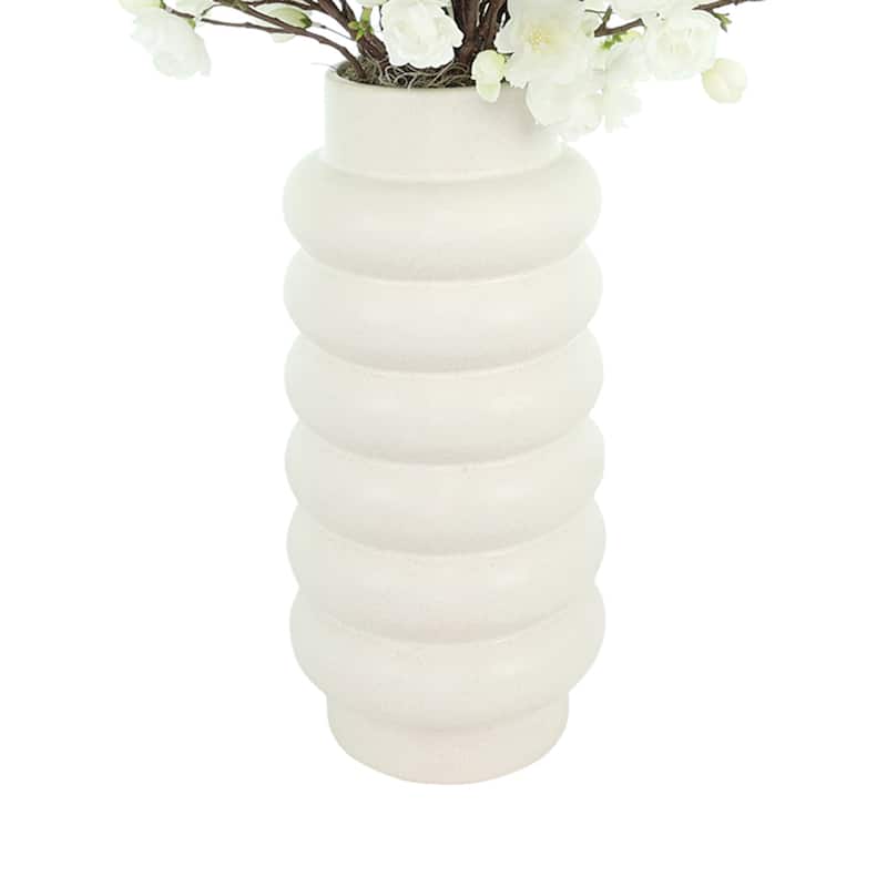 Cherry Blossoms Arranged in Ridged Ceramic Vase - White, Cream