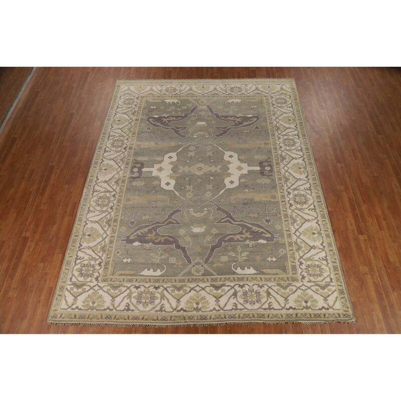 Transitional Beige Oushak Indian Area Rug Handmade Wool Carpet - 8'9" x 12'1"