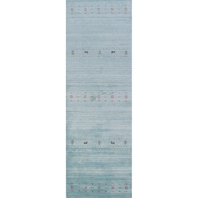 Hand Knotted Oriental 100% Wool Carpet Tribal Animal Pictorial Navy Blue & Blues Gabbeh Runner Rug - 9' 11'' X 2' 9''