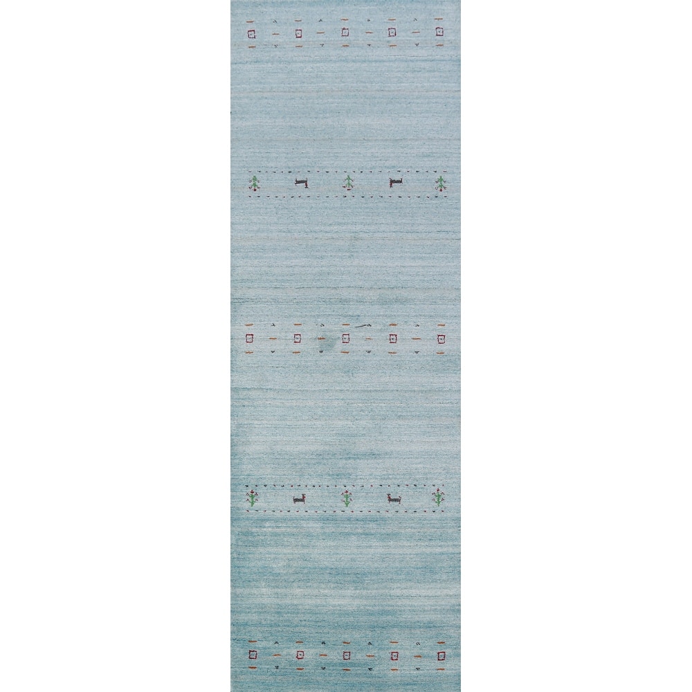 Hand Knotted Oriental 100% Wool Carpet Tribal Animal Pictorial Navy Blue & Blues Gabbeh Runner Rug - 9' 11'' X 2' 9''