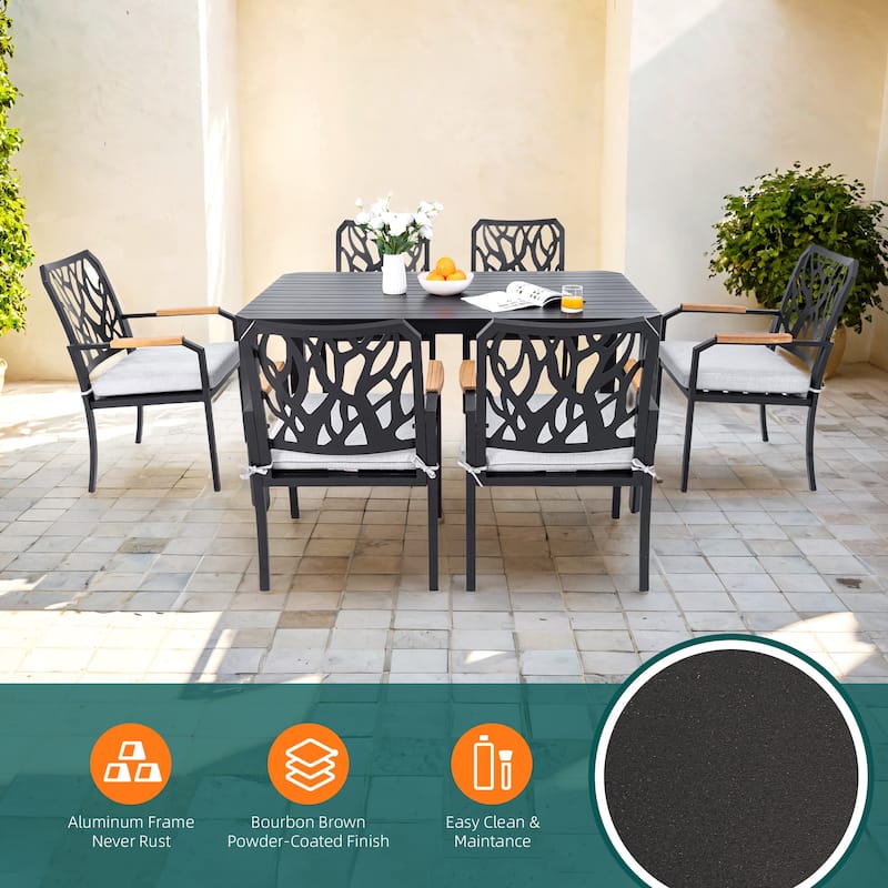 7 Pcs Patio Outdoor Aluminum Furniture Set, Rectangular Table with Umbrella Hole, 6 Dining Chairs with Branch-Like Backrest